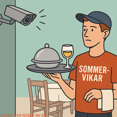 Illustrasjon av sommervikar som blir kameraovervåket på arbeidsplassen. (Laget ved hjelp av KI.)