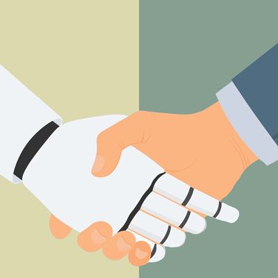 Illustrasjon av håndtrykk mellom robot og menneske