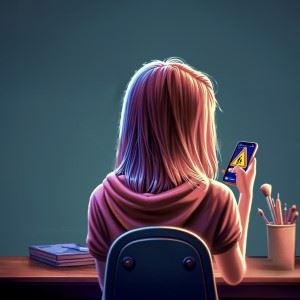 Illustration of teenager getting a warning on the phone (Made with help from the GAI tool DALL-E.)