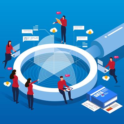 Illustration of people working around a huge magnifying glass