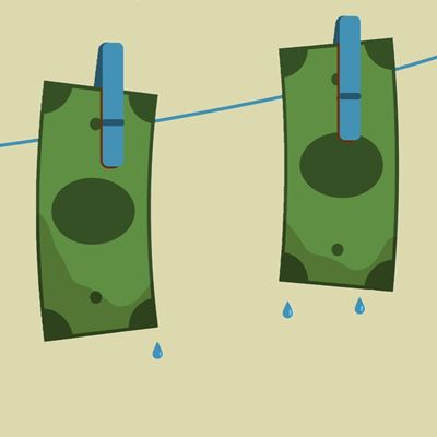 Illustrasjon av våte pengesedler på en tørkesnor