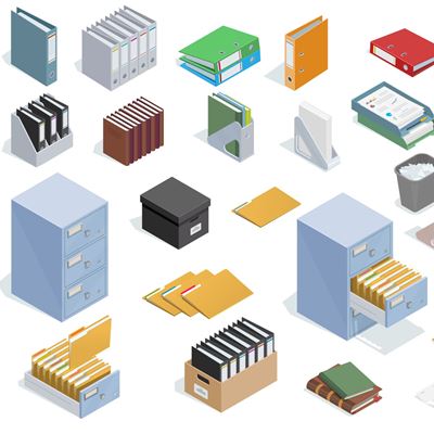 Illustrasjon av arkivskap, dokumenter, disker og lignende